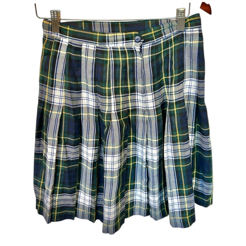 San Moire 90s Vintage Plaid Skirt Green Mini Length Size 12 Vintage School